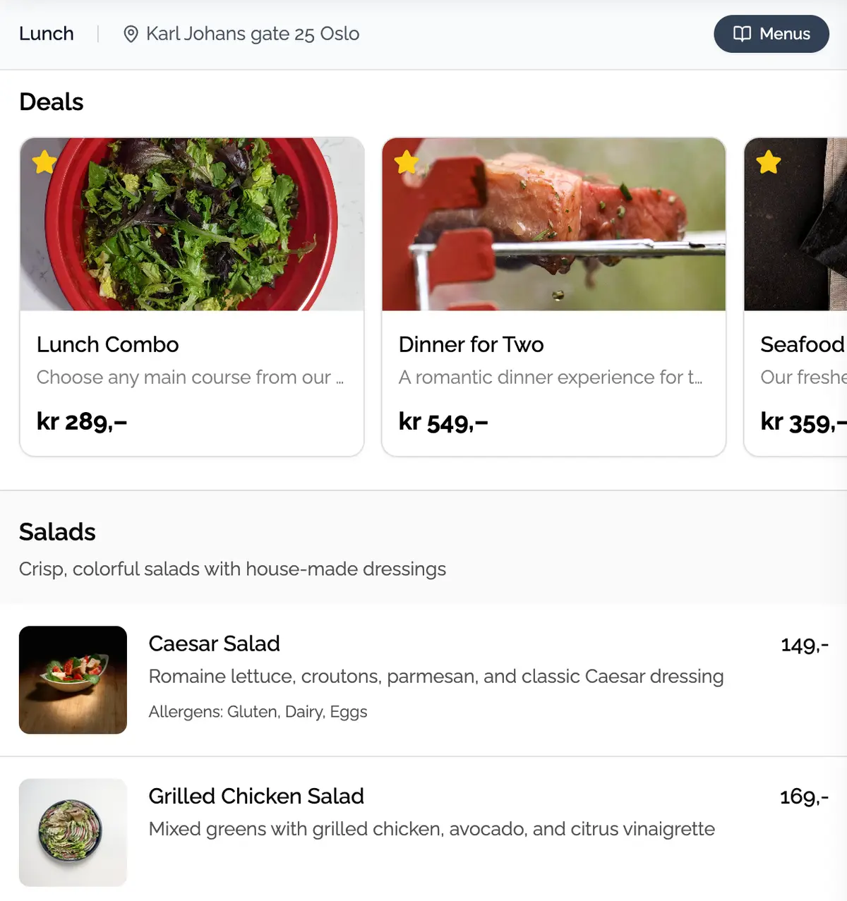 Restaurant menu with lunch deals, salads, and grilled dishes in Oslo