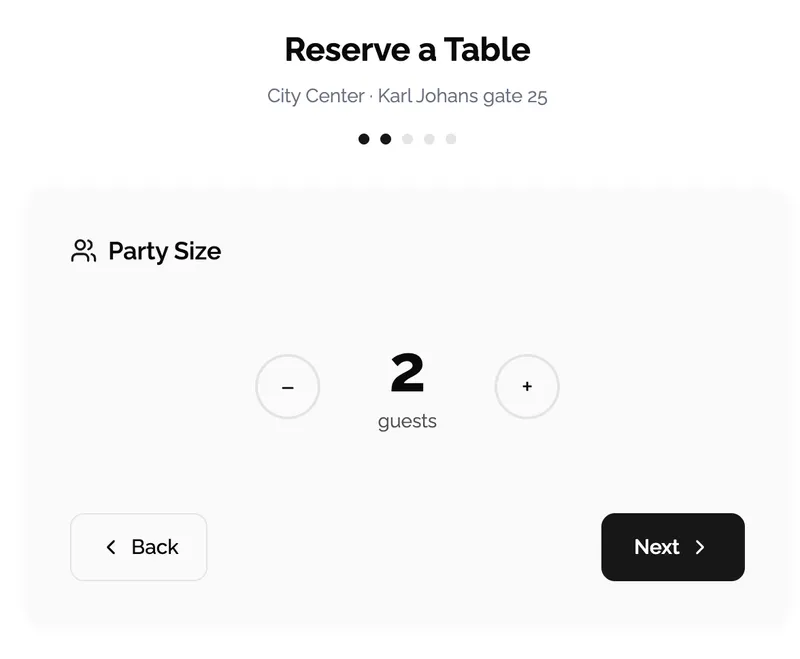 Reserve a table form with party size selector for 2 guests