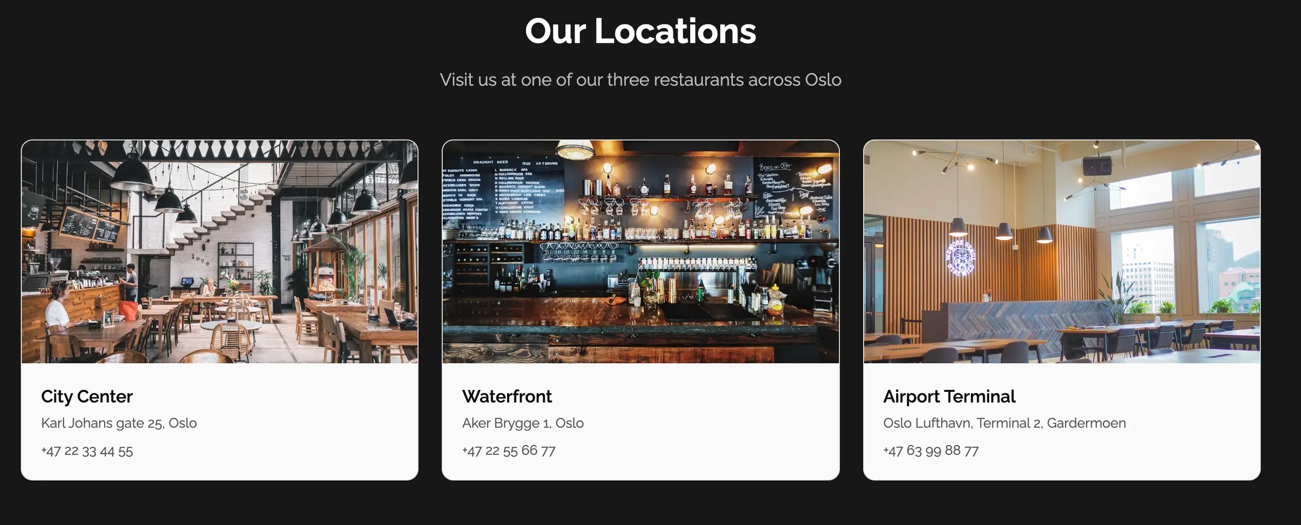 Interior of modern restaurants in Oslo with cozy dining and bar areas