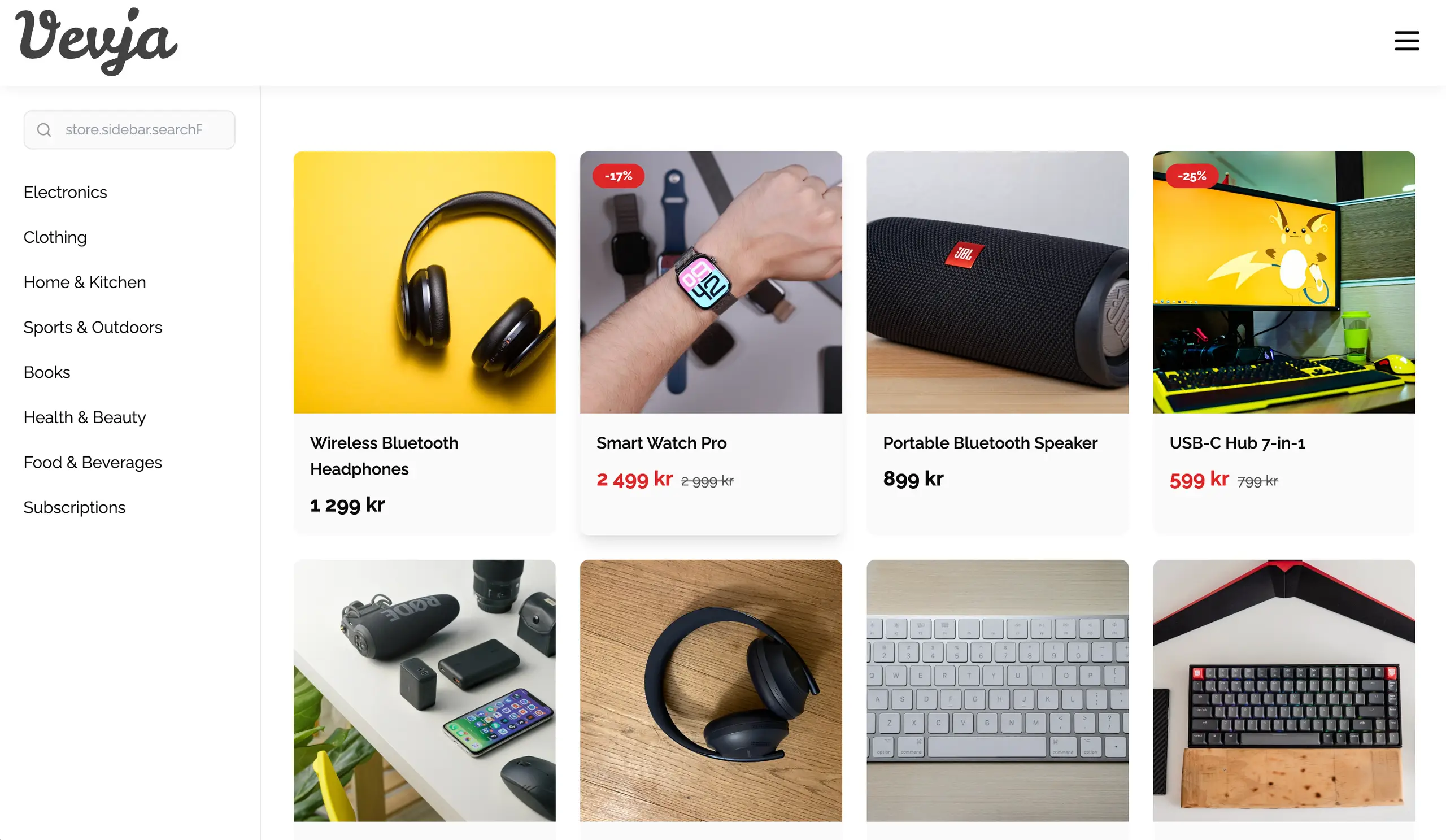 Online store homepage with electronics, headphones, smartwatch, speaker, and USB hub